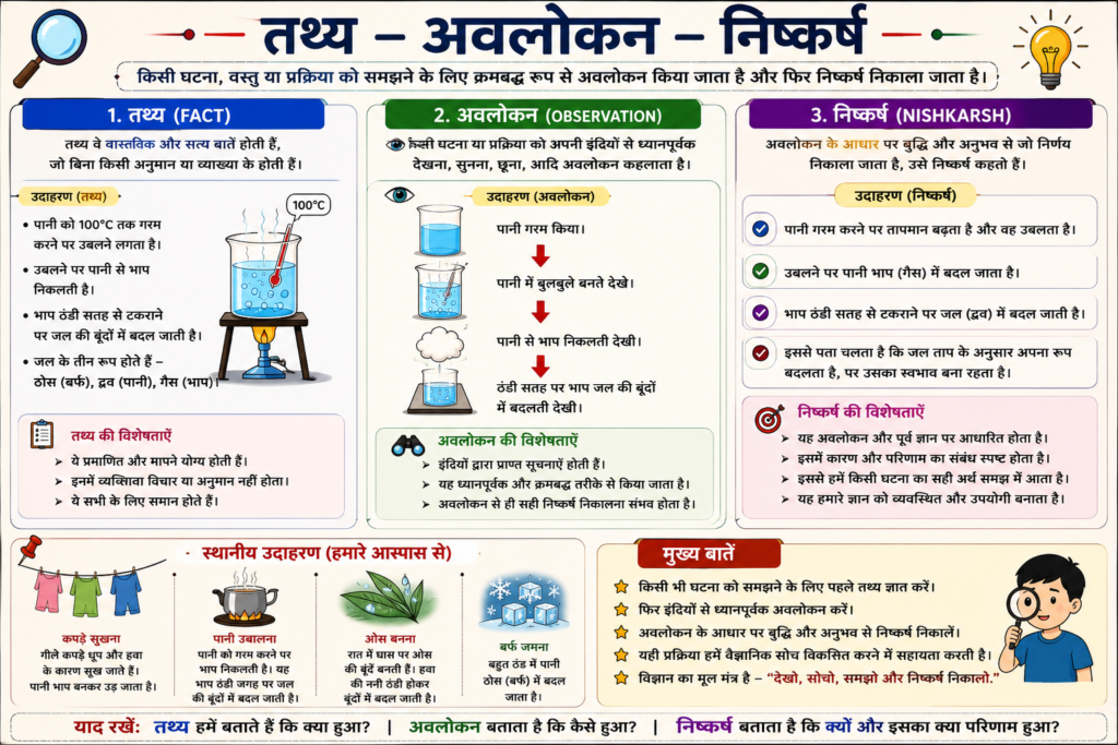 अवलोकन, निष्कर्ष और तथ्य में क्या अंतर है?